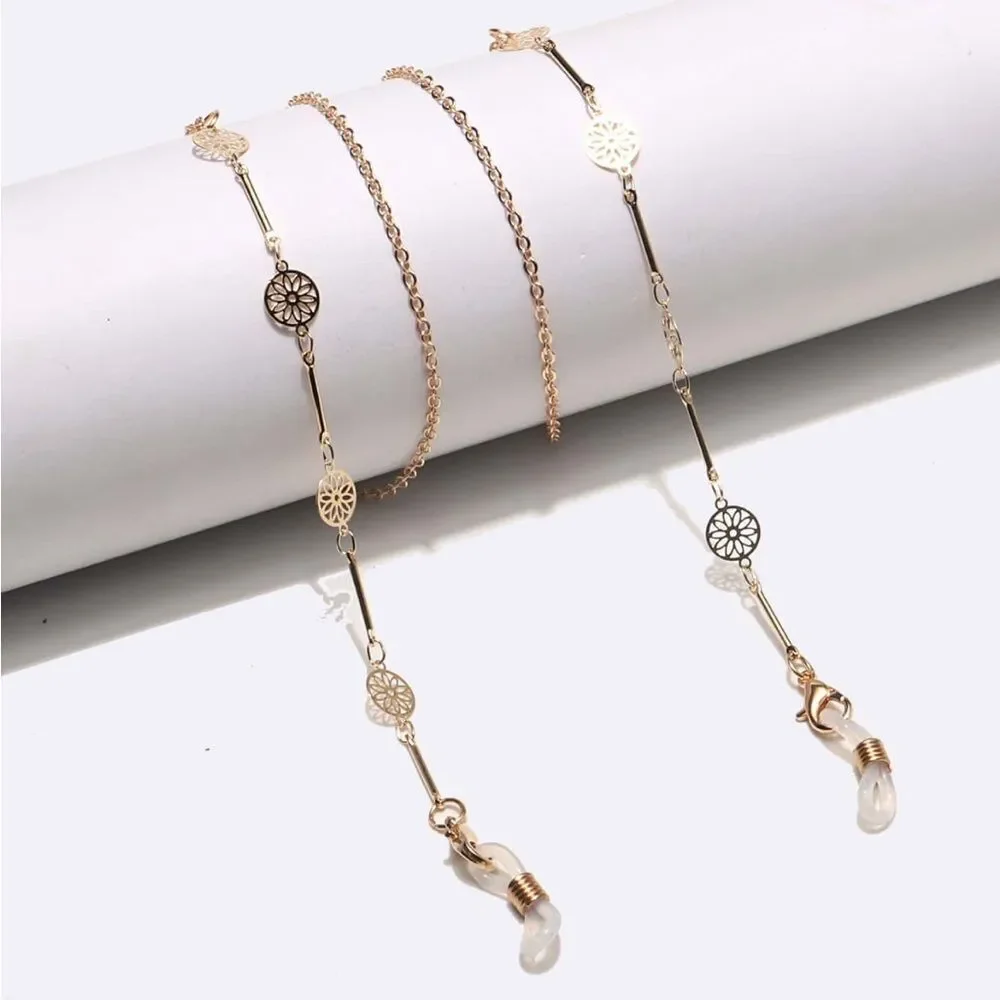 Gold Floral Link Eyeglass Chain and Necklace Set - Women Jewelry R348